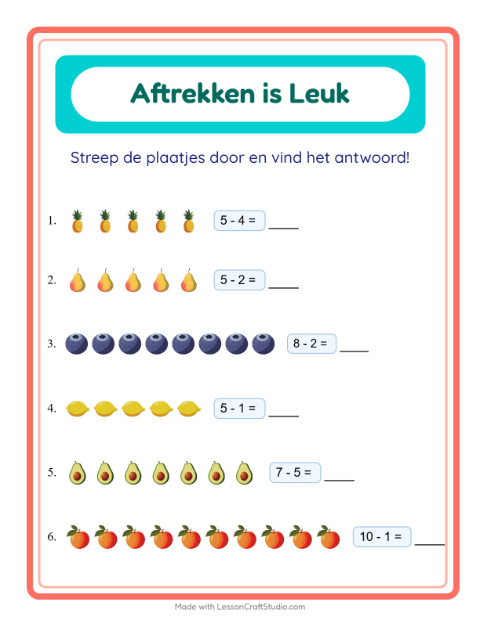Voorbeeld van het Aftrekken-werkblad met Fruit voor kleuterklas