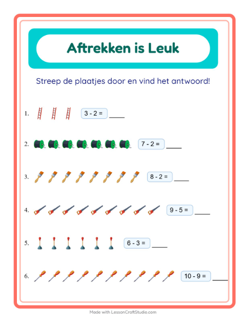 Voorbeeld van Aftrekken tot 10 met gereedschappen – werkblad voor groep 3