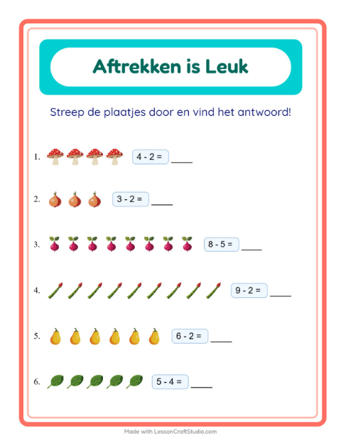 Voorbeeld van het Aftrekken-werkblad met Groenten voor kleuterklas