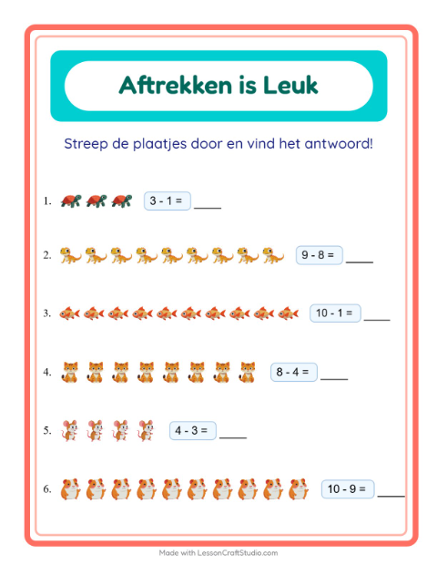 Voorbeeld van het Aftrekken-werkblad met Huisdieren voor kleuterklas