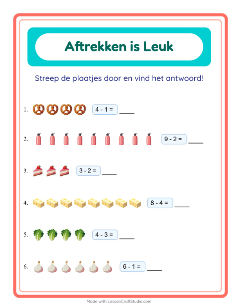 Voorbeeld van het Aftrekken-werkblad met In de supermarkt voor kleuterklas