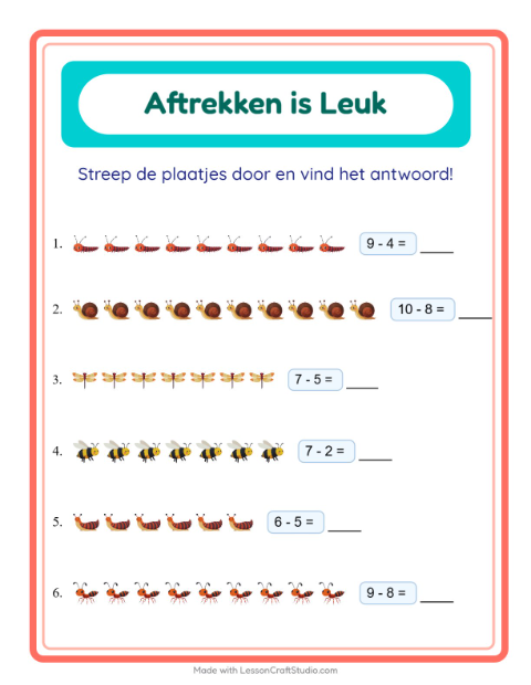 Aftrekken tot 10 – Insecten en beestjes