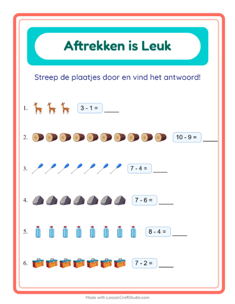 Voorbeeld van het Aftrekken-werkblad met Kamperen voor kleuterklas