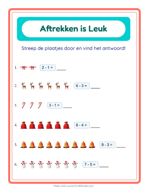 Voorbeeld van het Aftrekken-werkblad met Kerstmis voor kleuterklas