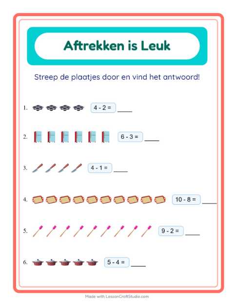 Voorbeeld van het Aftrekken-werkblad met Keukengerei voor kleuterklas