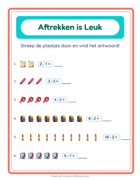 Voorbeeld van het Aftrekken-werkblad met Klaslokaal voor kleuterklas