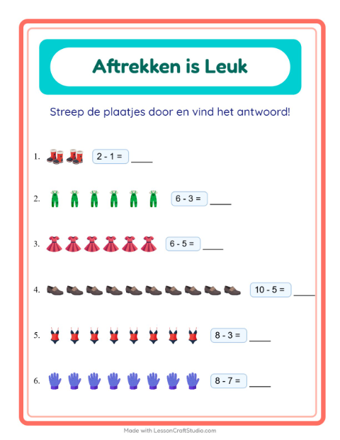 Voorbeeld van het Aftrekken-werkblad met Kleding voor kleuterklas