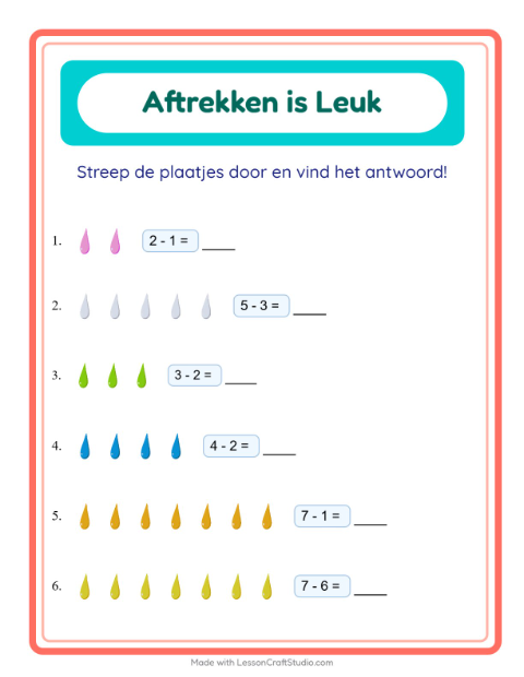 Voorbeeld van het Aftrekken-werkblad met Kleuren voor kleuterklas