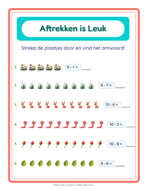 Voorbeeld van het Aftrekken-werkblad met Lente voor kleuterklas