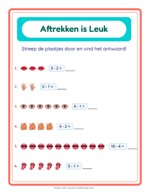 Voorbeeld van het Aftrekken-werkblad met Lichaamsdelen voor kleuterklas