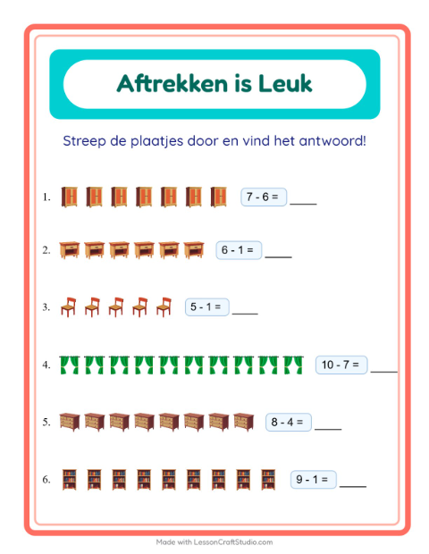 Voorbeeld van het Aftrekken-werkblad met Meubels voor kleuterklas