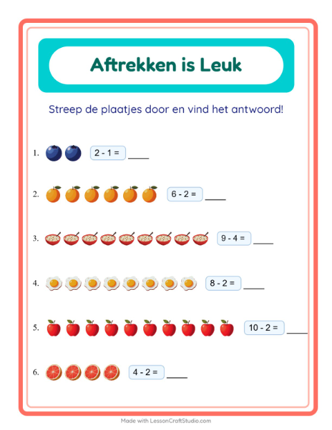 Voorbeeld van het Aftrekken-werkblad met Ontbijt voor kleuterklas