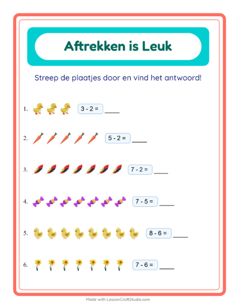 Voorbeeld van het Aftrekken-werkblad met Pasen voor kleuterklas