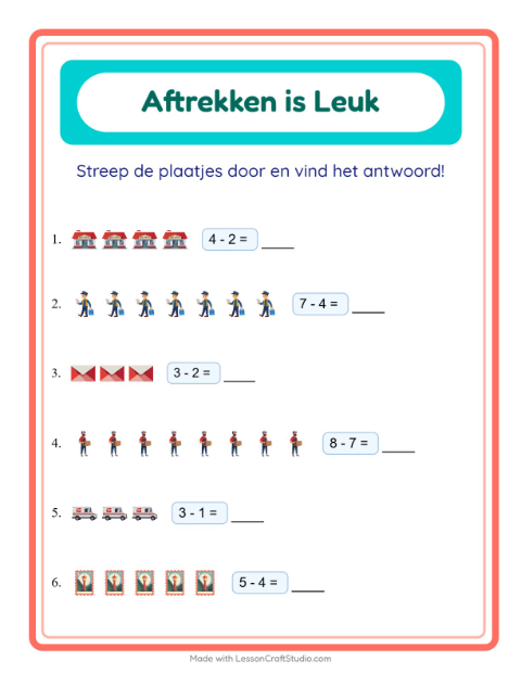 Voorbeeld van het Aftrekken-werkblad met Postkantoor voor kleuterklas
