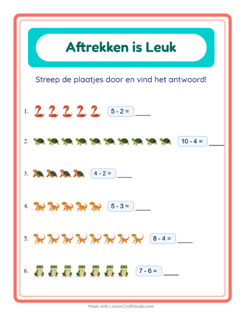 Voorbeeld van het Aftrekken-werkblad met Reptielen en amfibieën voor kleuterklas