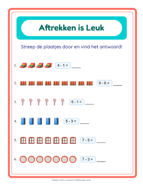 Voorbeeld van het Aftrekken-werkblad met Rond het huis voor kleuterklas