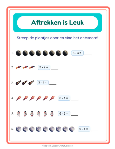 Voorbeeld van het Aftrekken-werkblad met Ruimte voor kleuterklas