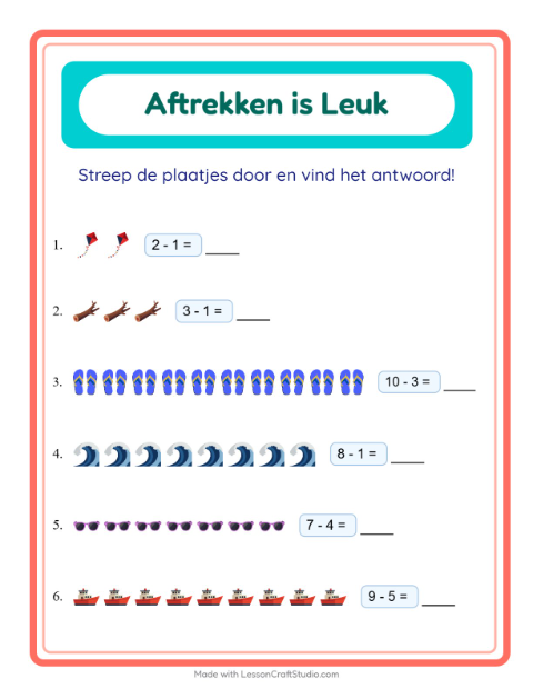 Voorbeeld van het Aftrekken-werkblad met Strand voor kleuterklas