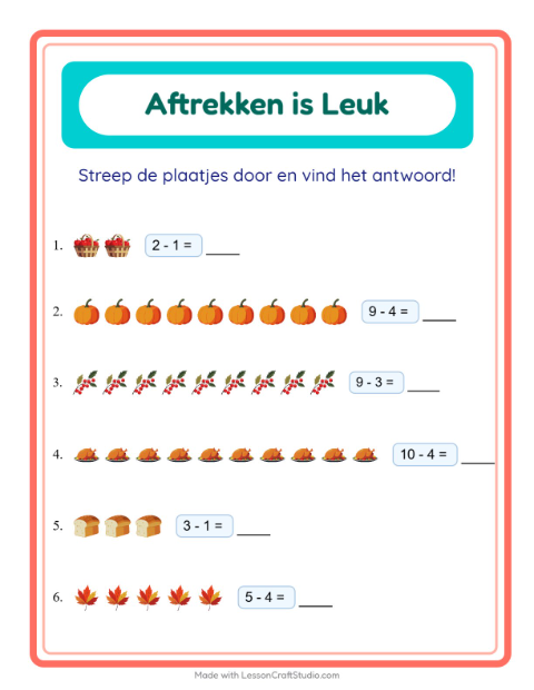 Voorbeeld van het Aftrekken-werkblad met Thanksgiving voor kleuterklas