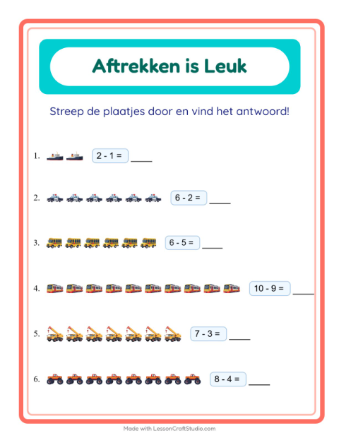 Voorbeeld van het Aftrekken-werkblad met Voertuigen voor kleuterklas