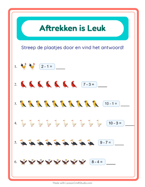 Voorbeeld van het Aftrekken-werkblad met Vogels 2 voor kleuterklas