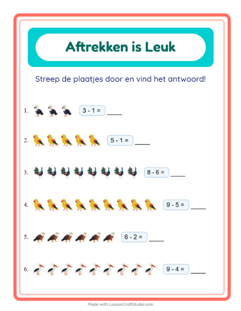 Voorbeeld van het Aftrekken-werkblad met Vogels voor kleuterklas