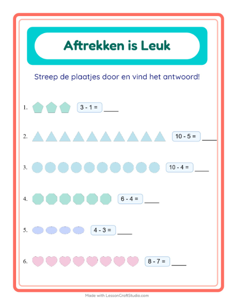 Voorbeeld van het Aftrekken-werkblad met Vormen voor kleuterklas