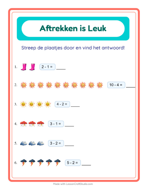 Voorbeeld van het Aftrekken-werkblad met Weer voor kleuterklas