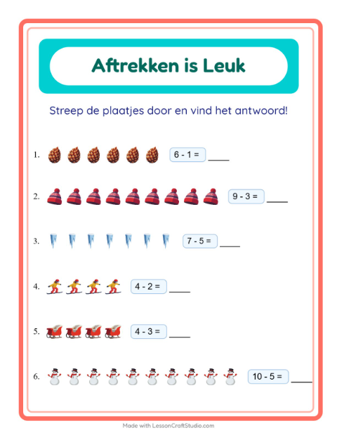 Voorbeeld van het Aftrekken-werkblad met Winter voor kleuterklas