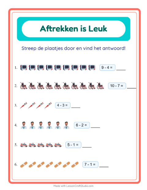 Voorbeeld van het Aftrekken-werkblad met Ziekenhuis voor kleuterklas