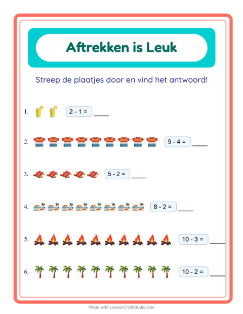 Voorbeeld van het Aftrekken-werkblad met Zomer voor kleuterklas