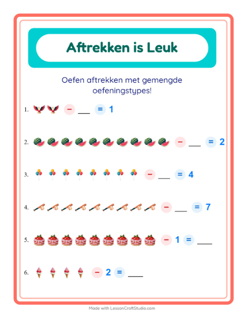 Voorbeeld van het Aftrekken-werkblad met 4 juli voor kleuterklas