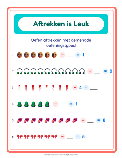 Voorbeeld van het Aftrekken-werkblad met Accessoires voor kleuterklas