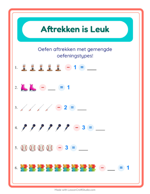 Voorbeeld van het Aftrekken-werkblad met Activiteiten voor kleuterklas