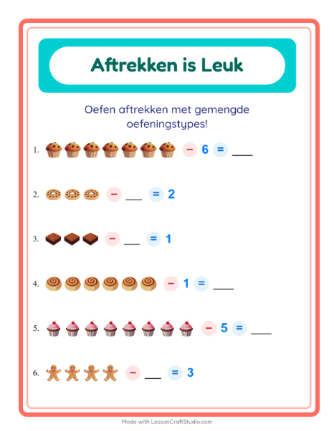 Voorbeeld van het Aftrekken-werkblad met Bakkerij voor kleuterklas