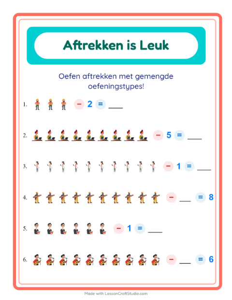 Voorbeeld van het Aftrekken-werkblad met Beroepen voor kleuterklas