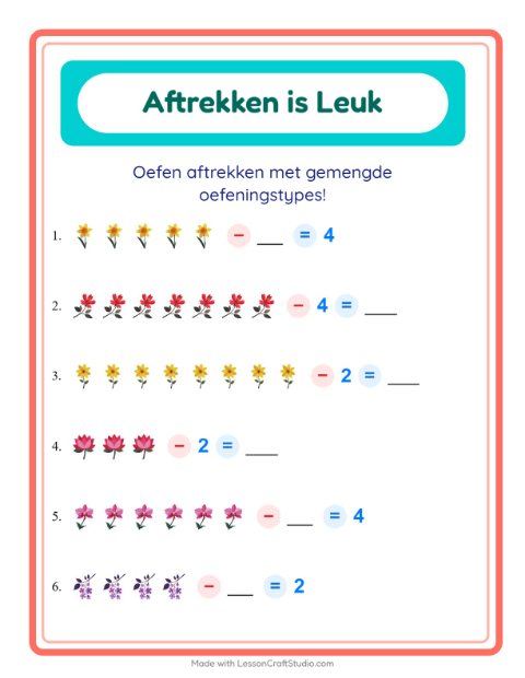 Voorbeeld van het Aftrekken-werkblad met Bloemen voor kleuterklas