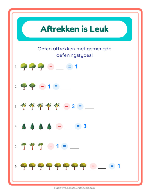 Voorbeeld van het Aftrekken-werkblad met Bomen voor kleuterklas