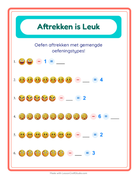 Voorbeeld van het Aftrekken-werkblad met Emoties voor kleuterklas
