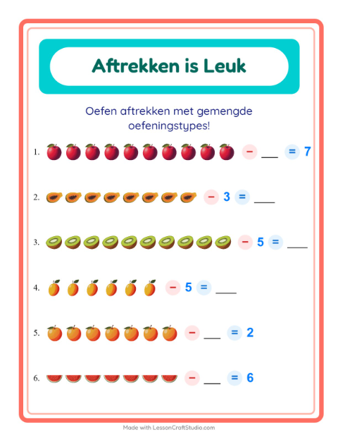 Voorbeeld van het Aftrekken-werkblad met Fruit voor kleuterklas
