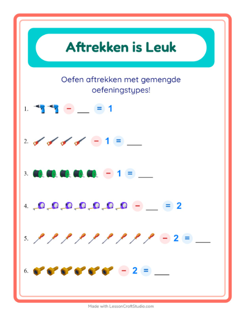 Voorbeeld van het Aftrekken-werkblad met Gereedschap voor kleuterklas