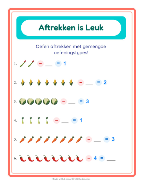 Voorbeeld van het Aftrekken-werkblad met Groenten voor kleuterklas