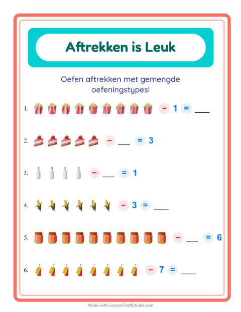 Voorbeeld van het Aftrekken-werkblad met In de supermarkt voor kleuterklas