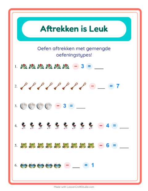 Voorbeeld van het Aftrekken-werkblad met Kamperen voor kleuterklas