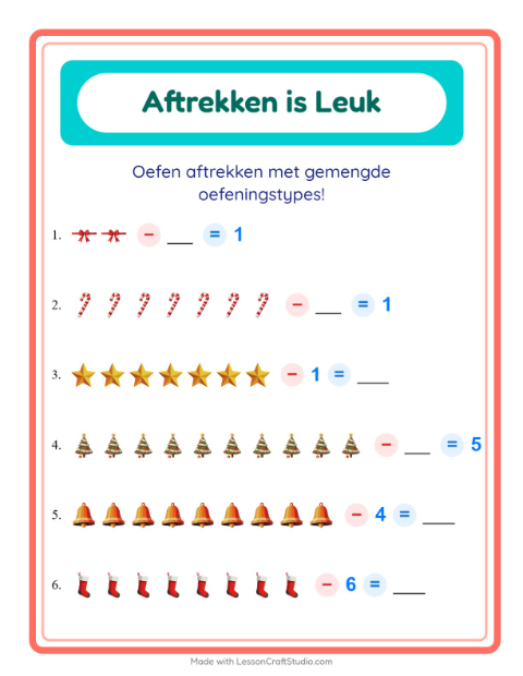 Voorbeeld van het Aftrekken-werkblad met Kerstmis voor kleuterklas