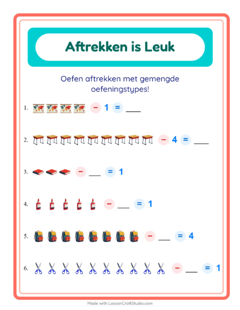 Voorbeeld van het Aftrekken-werkblad met Klaslokaal voor kleuterklas