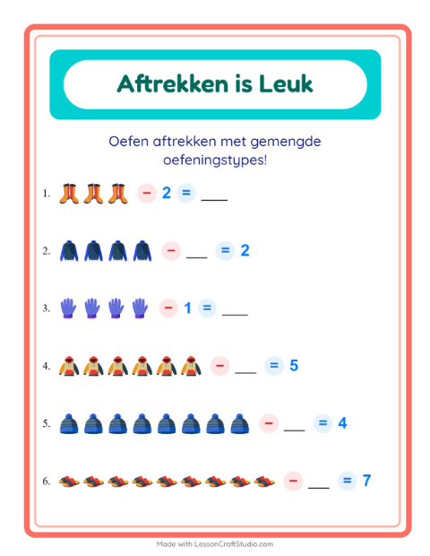 Voorbeeld van het Aftrekken-werkblad met Kleding voor kleuterklas
