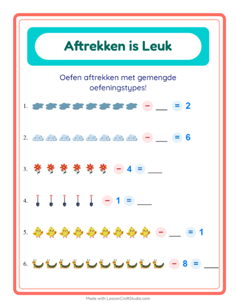 Voorbeeld van het Aftrekken-werkblad met Lente voor kleuterklas