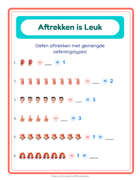 Voorbeeld van het Aftrekken-werkblad met Lichaamsdelen voor kleuterklas