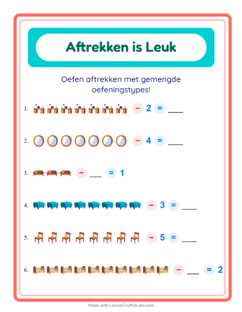 Voorbeeld van het Aftrekken-werkblad met Meubels voor kleuterklas